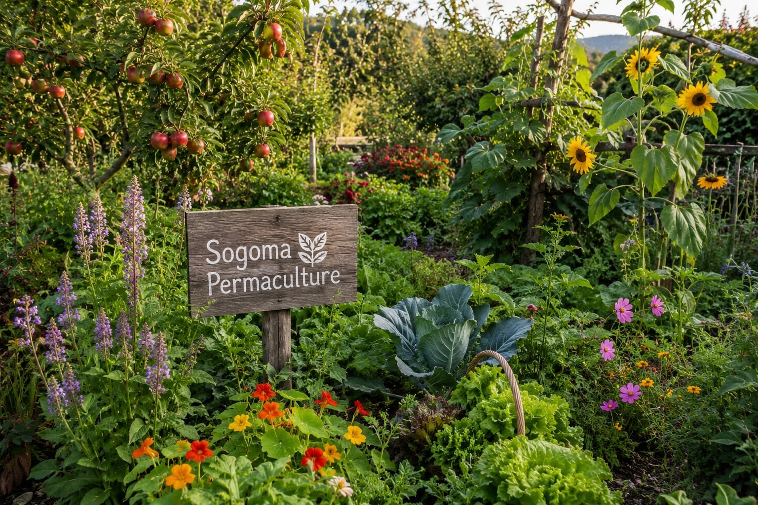 Jardin nourricier abondant créé selon les principes de la permaculture