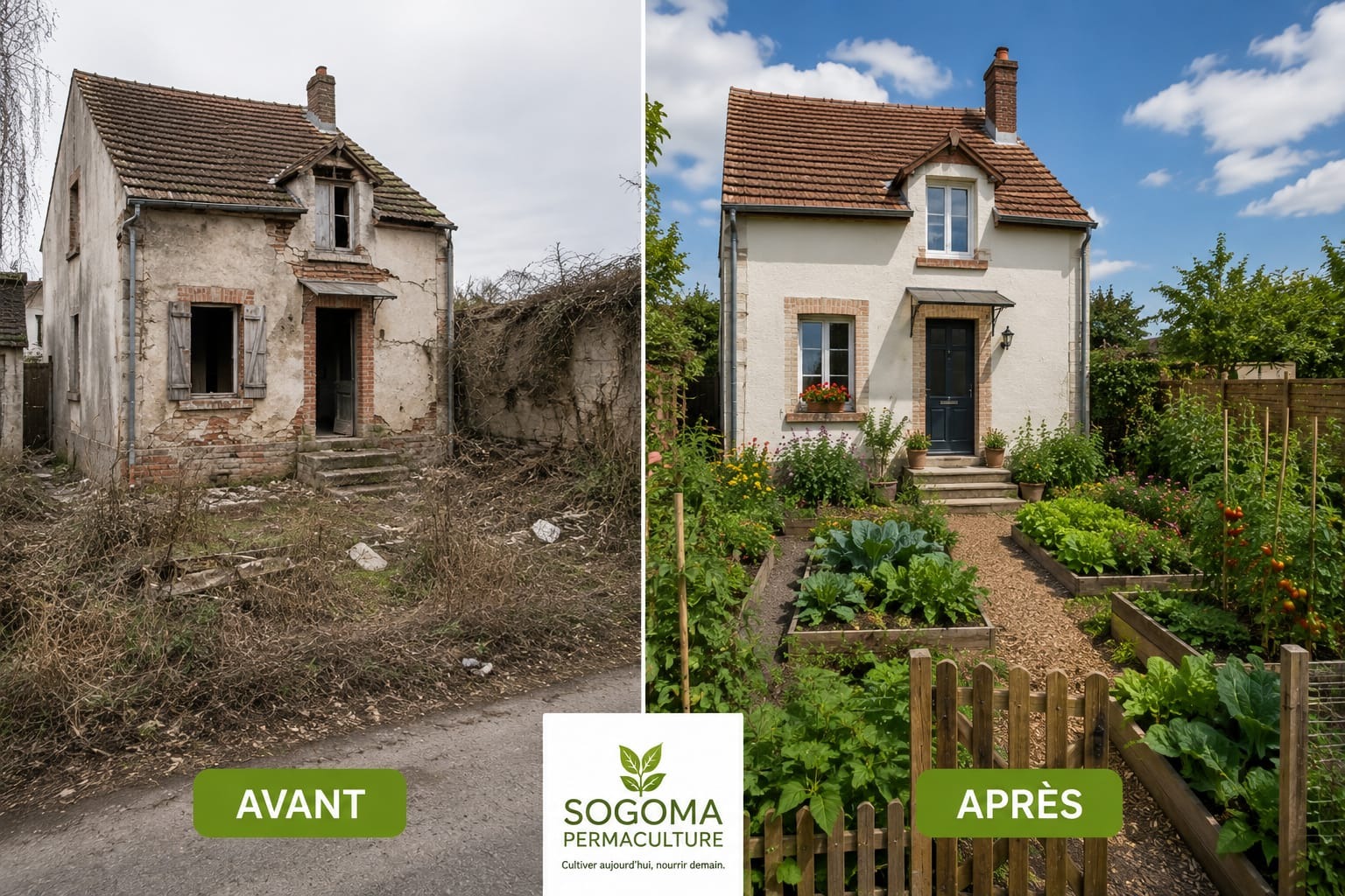 Transformation avant-après d’un terrain en jardin nourricier